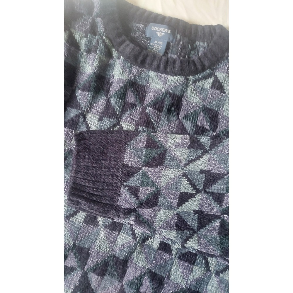 Vintage Dockers Mens XL Geometric Triangle Knit Sweater Navy Grey Purple 90s